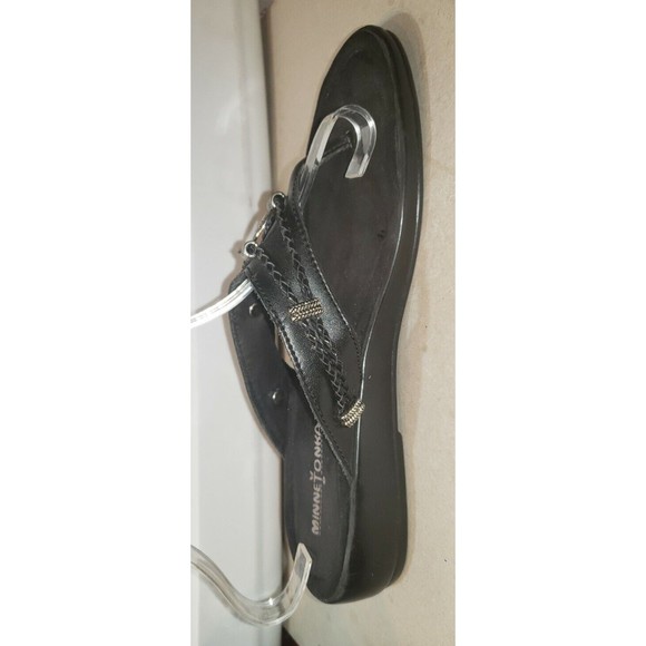 MINNETONKA Mocassins Black Leather Slide On Silverthorne Thong Sandals Size 9 - Picture 4 of 9